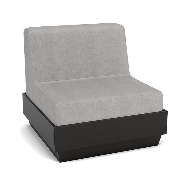 A front three-quarter view studio product shot of an armless commercial outdoor lounge chair featuring a dark Black Granite Marine Grade Polymer (MGP) platform base with an upholstered, plush light gray outdoor fabric cushion.