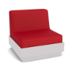 A front three-quarter view studio product shot of an armless commercial outdoor lounge chair featuring a clean White Marine Grade Polymer (MGP) platform base and a bold Logo Red upholstered cushion.