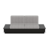 A straight-on front studio product shot of a commercial outdoor sofa featuring an extended Black Granite Marine Grade Polymer (MGP) platform base with built-in side tables on both ends and plush light gray outdoor cushions.