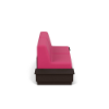 A side profile view studio rendering of a commercial outdoor sofa showing a dark Northeastern Walnut woodgrain MGP base extension and vibrant Hot Pink upholstered cushions.