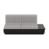 A straight-on front studio product shot of a commercial outdoor sofa featuring a Black Granite Marine Grade Polymer (MGP) platform base with an integrated side table surface on the left side and thick light gray outdoor fabric cushions.