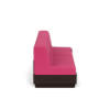 A side profile view studio rendering of a commercial outdoor sofa showing a dark Northeastern Walnut woodgrain MGP base extension and vibrant Hot Pink upholstered cushions.