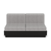 A straight-on front studio product shot of an armless commercial outdoor sofa featuring a Black Granite Marine Grade Polymer (MGP) platform base topped with thick light gray upholstered outdoor cushions.