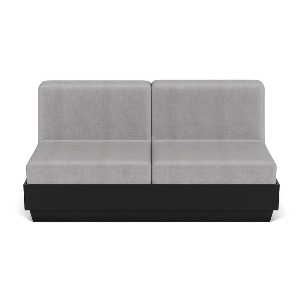 A straight-on front studio product shot of an armless commercial outdoor sofa featuring a Black Granite Marine Grade Polymer (MGP) platform base topped with thick light gray upholstered outdoor cushions.