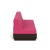 A side profile view studio rendering of an armless commercial outdoor sofa featuring a dark Northeastern Walnut woodgrain MGP platform base with vibrant Hot Pink upholstered cushions.