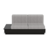 A straight-on front studio product shot of a commercial outdoor sofa featuring a Black Granite Marine Grade Polymer (MGP) platform base with an integrated side table surface on the left side and thick light gray outdoor fabric cushions.