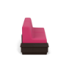 A side profile view studio rendering of a commercial outdoor sofa showing a dark Northeastern Walnut woodgrain MGP base extension and vibrant Hot Pink upholstered cushions.
