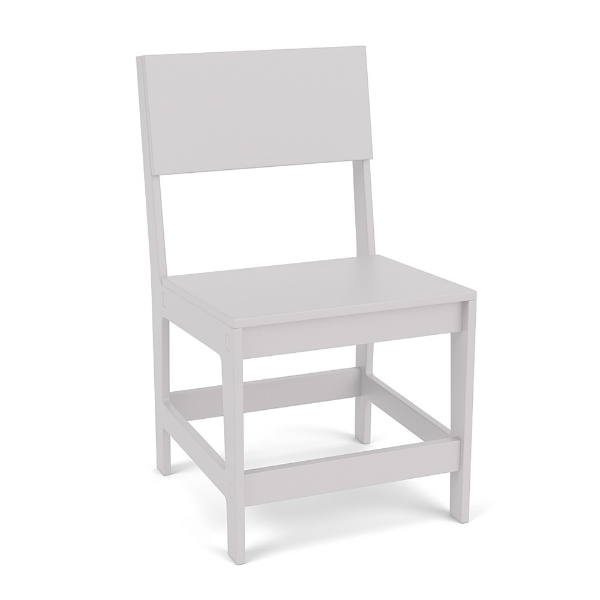 Front three-quarter studio view of a modern armless outdoor dining chair rendered in solid bright White Marine Grade Polymer (MGP).