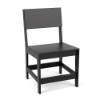 Front three-quarter studio view of an armless commercial outdoor dining chair made from solid Black Marine Grade Polymer (MGP) with clean straight lines and integrated lower support stretchers.
