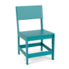 Front three-quarter studio view of a armless outdoor dining chair constructed entirely from bright turquoise Aruba Blue Marine Grade Polymer (MGP), featuring a solid seat and rectangular back panel.