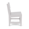 Direct side profile studio view of an armless commercial outdoor dining chair in White Marine Grade Polymer (MGP), showing the slightly reclined back angle and leg structure.