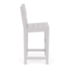Side profile view showing the slatted back, seat, footrest, and frame construction of the white Leisure MGP outdoor bar chair.