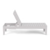 Side profile view showing the reclining backrest notch adjustment and horizontal slat backrest and seat construction of the white Leisure MGP outdoor chaise lounge.