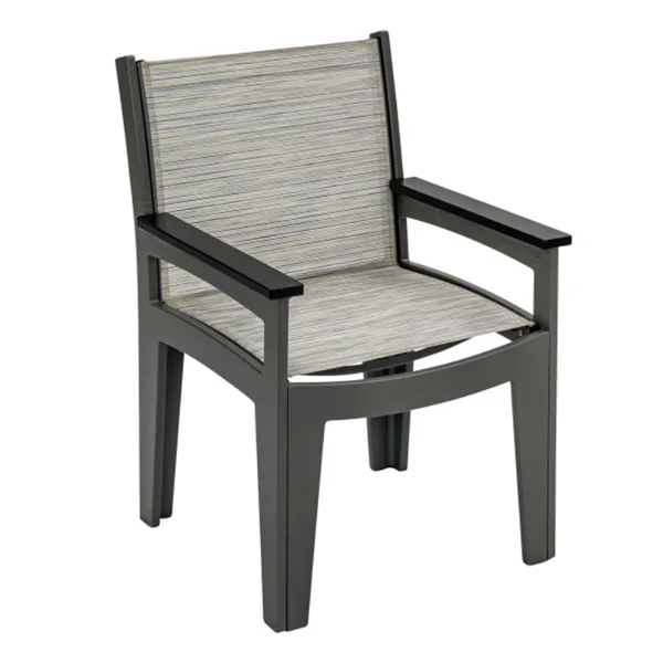 Front three-quarter view of the Leisure MGP outdoor dining chair featuring a striped grey textured Kozo sling fabric seat and back set within a Fossil Grey frame.