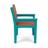 Side profile view of the Leisure MGP outdoor dining chair featuring an orange Snappy sling fabric seat and back set within an Aruba teal frame.