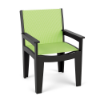 Front three-quarter view of the Leisure MGP outdoor dining chair featuring a lime green Citron sling fabric seat and back set within a matte black frame.