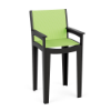Front three-quarter view of the Leisure MGP Sling outdoor bar chair featuring a black frame with armrests and a bright lime-green Citron sling fabric seat and backrest.