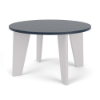 Front three-quarter view of a 20-inch round Marine Grade Polymer outdoor side table featuring white tapered legs and a dark navy blue round tabletop.