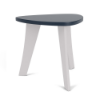 Front three-quarter view of a 20-inch triangular modern Marine Grade Polymer outdoor side table featuring white tapered legs and a dark navy blue guitar-pick shaped top.