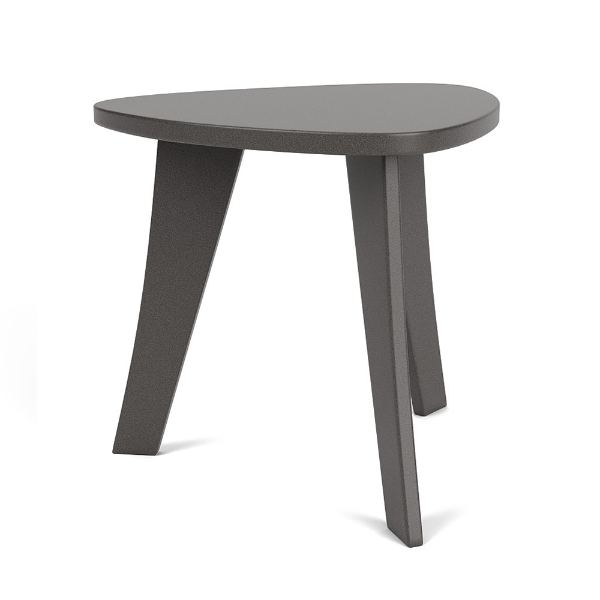 Front three-quarter view of a 20-inch triangular modern outdoor side table made entirely from Marine Grade Polymer with a solid grey finish.