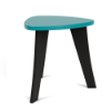 Front three-quarter view of a 20-inch triangular modern Marine Grade Polymer outdoor side table featuring black tapered legs and an Aruba teal guitar-pick shaped top.