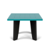 Straight front-on view of a 20-inch square Marine Grade Polymer outdoor side table featuring black legs and an Aruba teal paneled square tabletop.