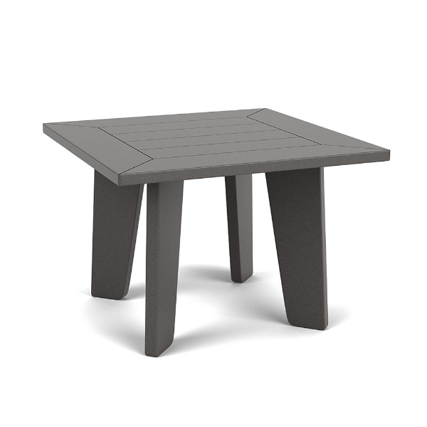 Front three-quarter view of a 20-inch square outdoor side table constructed entirely from Marine Grade Polymer with a solid grey finish.
