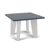 Front three-quarter view of a 20-inch square Marine Grade Polymer outdoor side table featuring white legs and a dark navy blue paneled square tabletop.