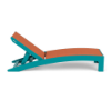 Side profile view of an arched outdoor chaise lounge showing an Aruba teal Marine Grade Polymer frame with an orange Snappy sling fabric seat in an inclined position.
