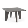 Front three-quarter view of a 30-inch square outdoor side table made entirely from Marine Grade Polymer with a solid grey finish and slat-plank tabletop.