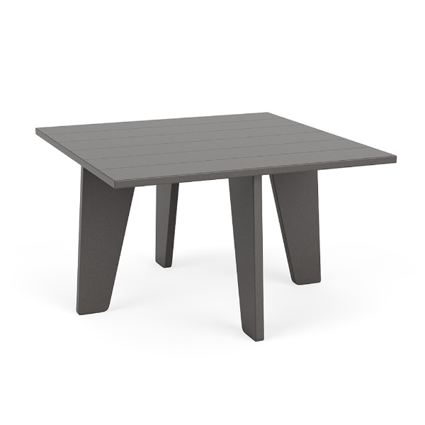 Front three-quarter view of a 30-inch square outdoor side table made entirely from Marine Grade Polymer with a solid grey finish and slat-plank tabletop.