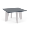 Front three-quarter view of a 30-inch square Marine Grade Polymer outdoor side table featuring white tapered legs and a dark navy blue slat-plank tabletop.