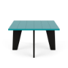 Straight front-on view of a 30-inch square Marine Grade Polymer outdoor side table featuring a black frame and an Aruba teal slat-plank tabletop.