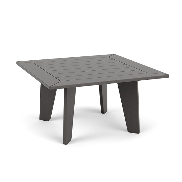 Front three-quarter view of a 34-inch square outdoor coffee table made entirely from Marine Grade Polymer with a solid grey finish and framed panel tabletop