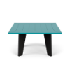 Straight front-on view of a 34-inch square Marine Grade Polymer outdoor coffee table featuring black tapered legs and an Aruba teal paneled square tabletop.