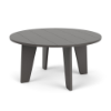 Front three-quarter view of a 36-inch round outdoor coffee table made entirely from Marine Grade Polymer with a solid grey finish and slat-style top.
