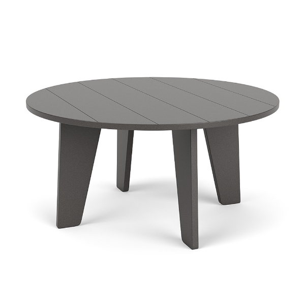 Front three-quarter view of a 36-inch round outdoor coffee table made entirely from Marine Grade Polymer with a solid grey finish and slat-style top.