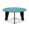 Straight front-on view of a 36-inch round Marine Grade Polymer outdoor coffee table featuring black tapered legs and an Aruba teal slat-style round tabletop.