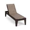 Front three-quarter view of a flat Marine Grade Polymer chaise lounge featuring a dark brown frame and a textured beige-brown sling fabric seat.