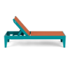 Side profile view of a flat outdoor chaise lounge showing an Aruba teal Marine Grade Polymer frame with an orange Snappy sling fabric seat in an inclined position.