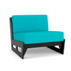 Front three-quarter view of an armless center modular chair featuring a dark black Marine Grade Polymer frame and vibrant turquoise Aruba blue fabric back and seat cushions.