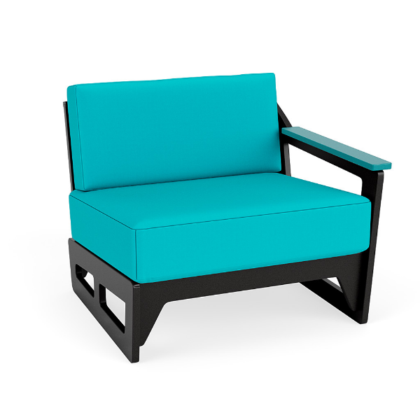 Front perspective view of a modern commercial outdoor left modular armchair featuring a durable black Marine Grade Polymer (MGP) frame and bright turquoise blue fabric seat and back cushions.