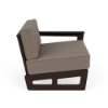 Side profile view of a commercial outdoor left modular lounge chair with a dark espresso brown woodgrain-finish MGP frame and neutral taupe-colored seat and back cushions.