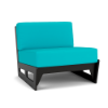 Front perspective view of an armless commercial outdoor left modular seat featuring a black Marine Grade Polymer (MGP) base with bright turquoise plush seat and back cushions.