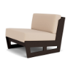 Three-quarter angle view of an armless modular outdoor lounge seat showing a dark wood-finish MGP frame paired with beige fabric cushions.