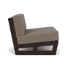 Side profile view of an armless commercial outdoor modular lounge chair with a dark espresso brown woodgrain MGP frame and neutral taupe cushions.