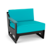 Three-quarter front view of a commercial outdoor right-arm modular lounge chair with a black Marine Grade Polymer (MGP) frame and vivid turquoise blue seat and back cushions.