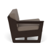 Side profile view showing the right armrest of a commercial outdoor modular chair with a dark espresso MGP frame and thick taupe fabric cushions.