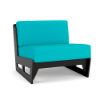 Front perspective view of an armless commercial outdoor right modular lounge seat featuring a black Marine Grade Polymer (MGP) base with bright turquoise seat and back cushions.