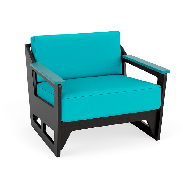 Three-quarter front view of a commercial outdoor club lounge chair with armrests, featuring a black Marine Grade Polymer (MGP) frame and vivid turquoise blue deep-seating cushions.